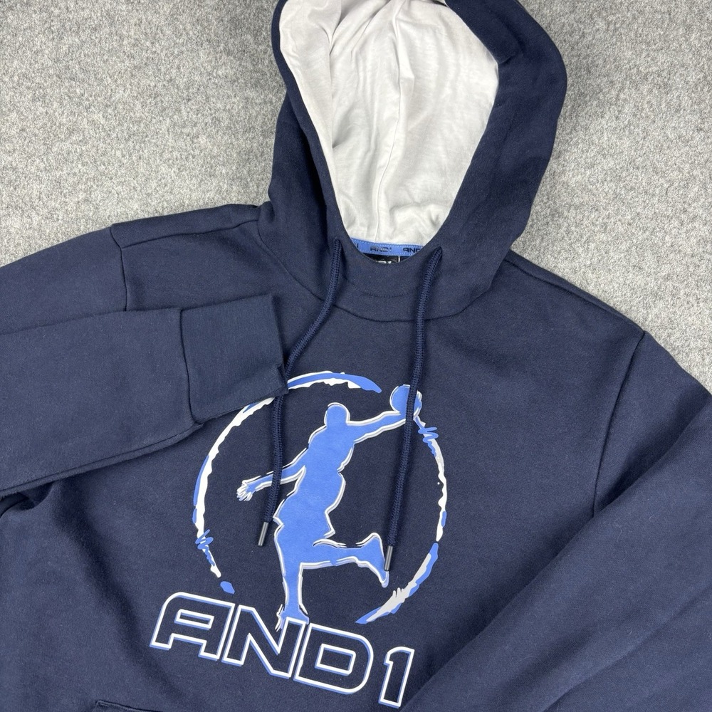 AND1 Hoodie Mens Small Navy Blue Basketball Logo Pullover Sweatshirt Fleece